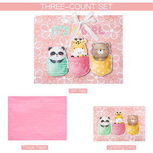 Loveinside Baby Girl Gift Bag Pink Animal Design with Tissue Paper and Greeting Card for Baby Shower, New Parents, and More - 13" x 10" x 5", 1 Pcs