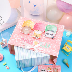 Loveinside Baby Girl Gift Bag Pink Animal Design with Tissue Paper and Greeting Card for Baby Shower, New Parents, and More - 13" x 10" x 5", 1 Pcs