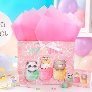 Loveinside Baby Girl Gift Bag Pink Animal Design with Tissue Paper and Greeting Card for Baby Shower, New Parents, and More - 13" x 10" x 5", 1 Pcs