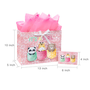 Loveinside Baby Girl Gift Bag Pink Animal Design with Tissue Paper and Greeting Card for Baby Shower, New Parents, and More - 13" x 10" x 5", 1 Pcs