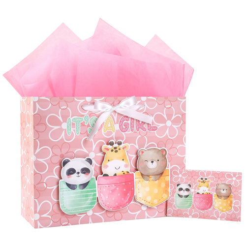 Loveinside Baby Girl Gift Bag Pink Animal Design with Tissue Paper and Greeting Card for Baby Shower, New Parents, and More - 13