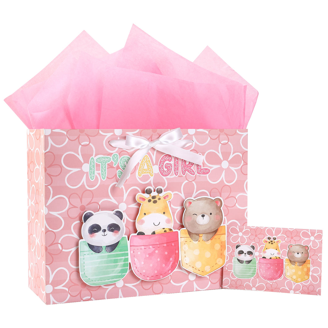 Loveinside Baby Girl Gift Bag Pink Animal Design with Tissue Paper and Greeting Card for Baby Shower, New Parents, and More - 13